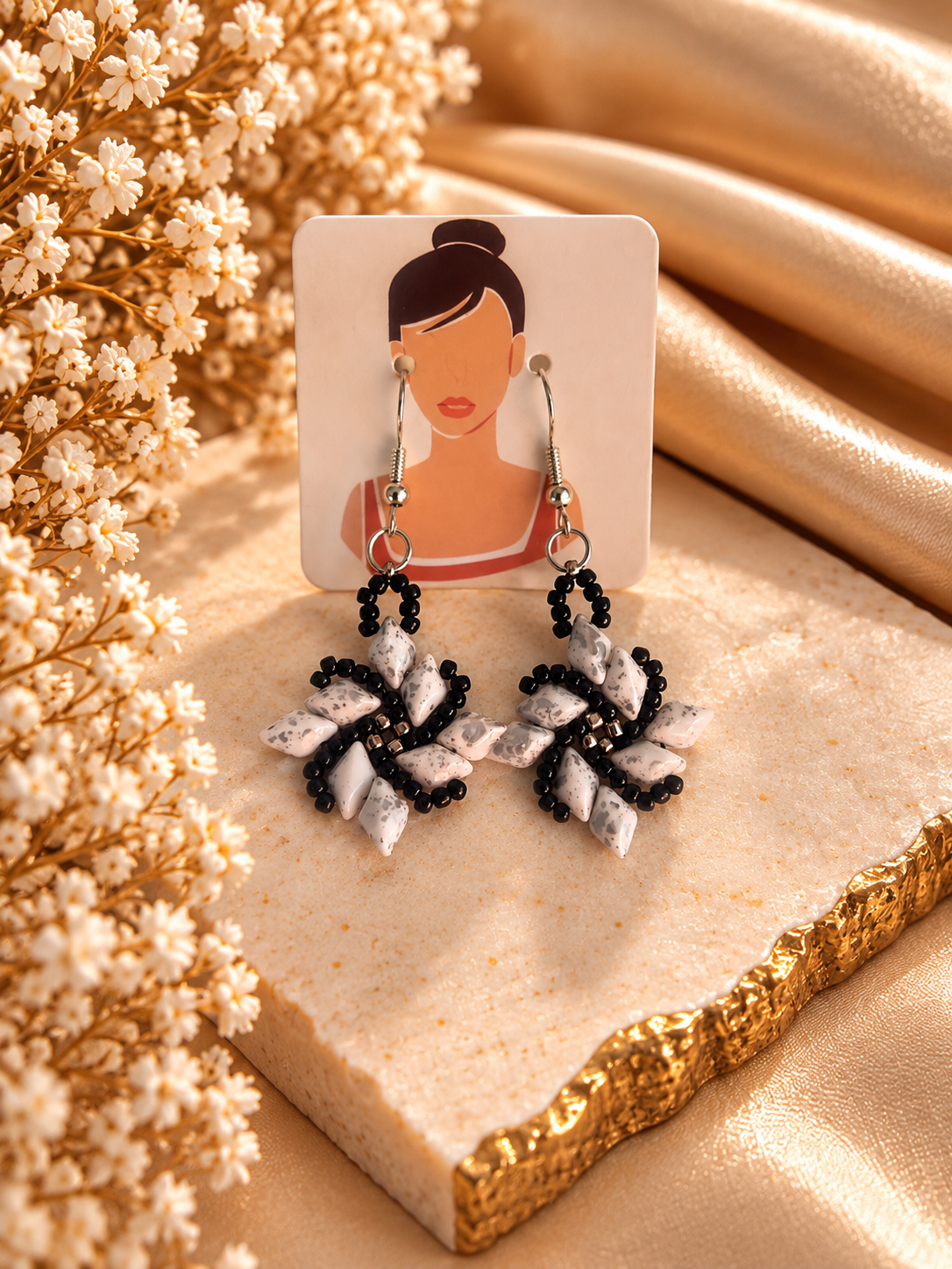 Black & Marble Bloom Earrings