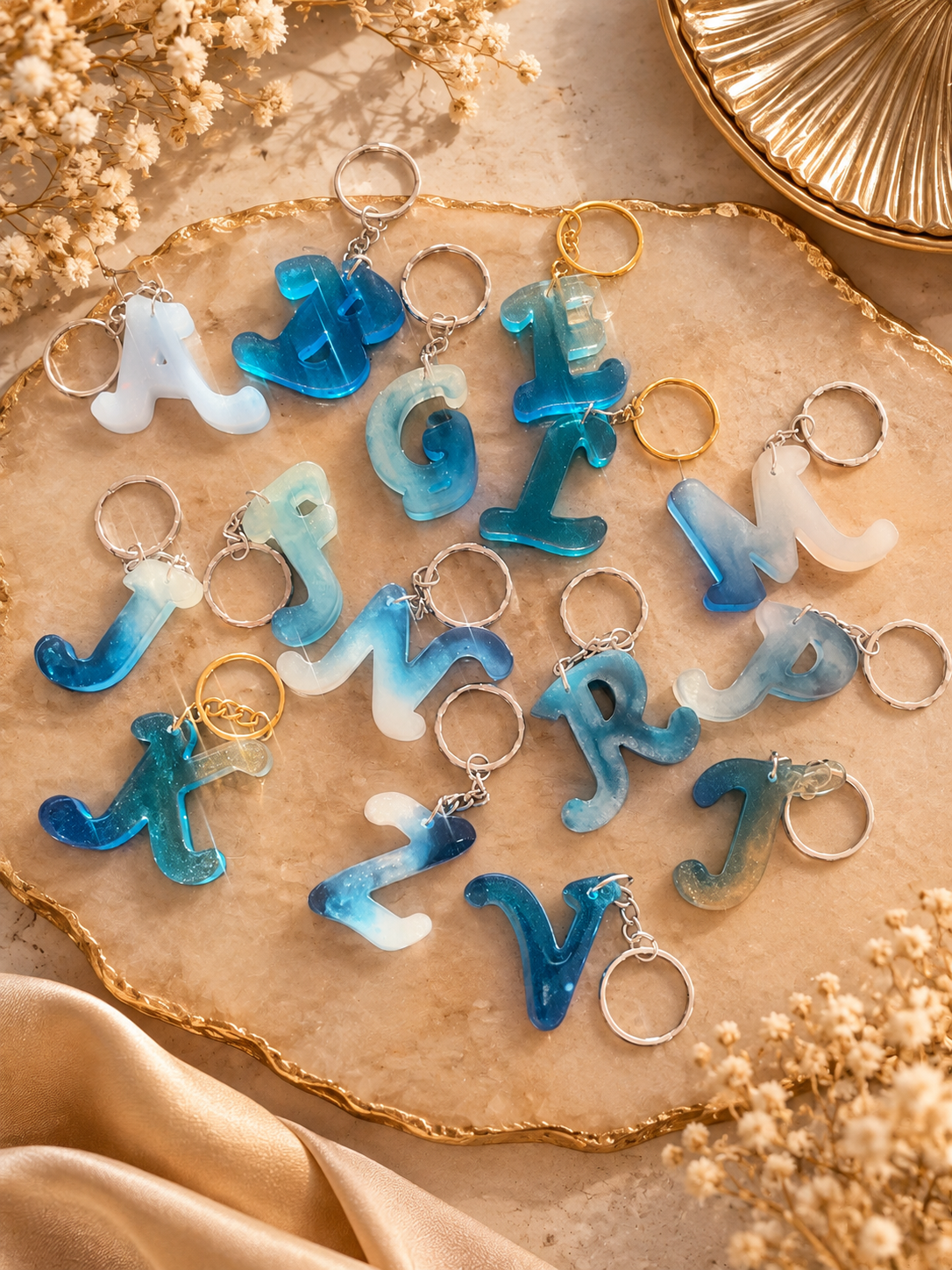 Blue & Pearl Alphabet Resin Keychains